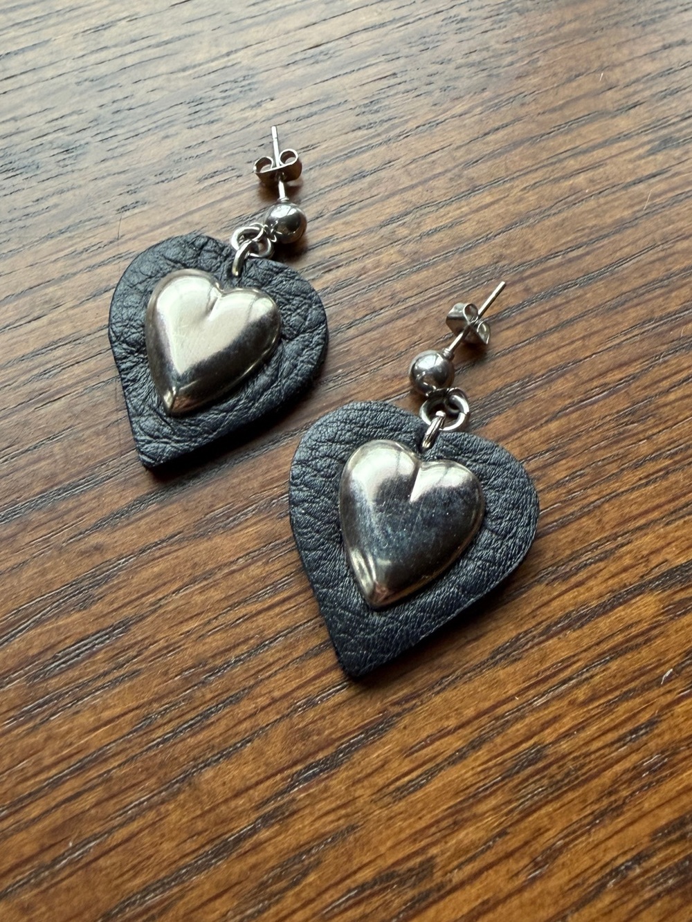 Handmade Heart Drop Leather & Silver-Tone Stud Earrings - Black